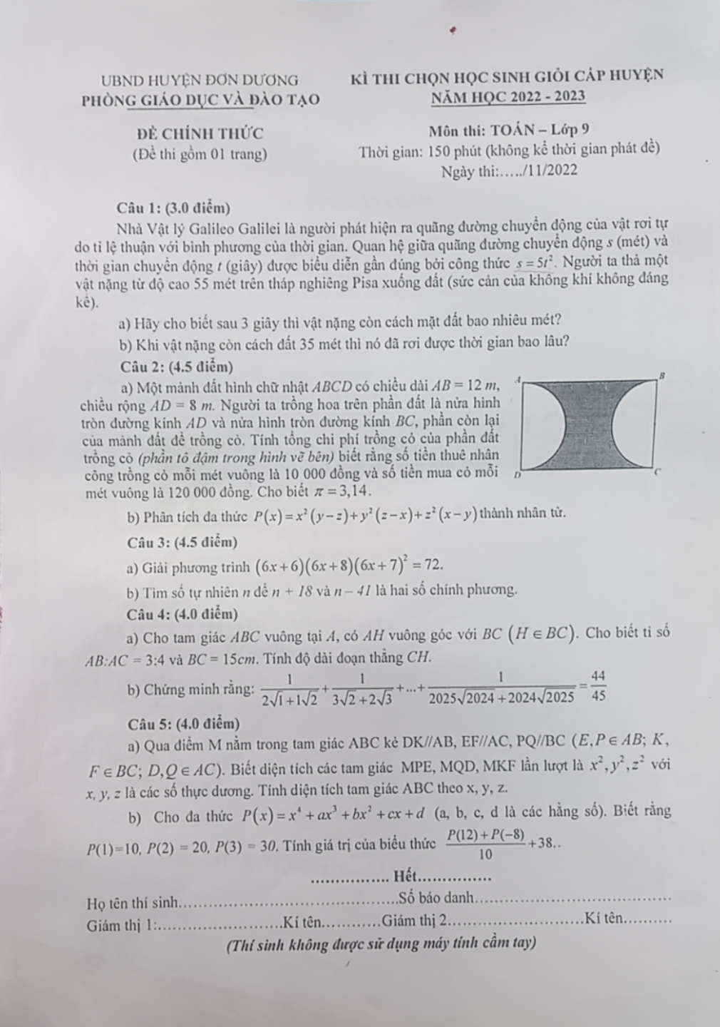 Đề thi tuyển chọn học sinh giỏi Toán lớp 9 cấp huyện các trường THCS