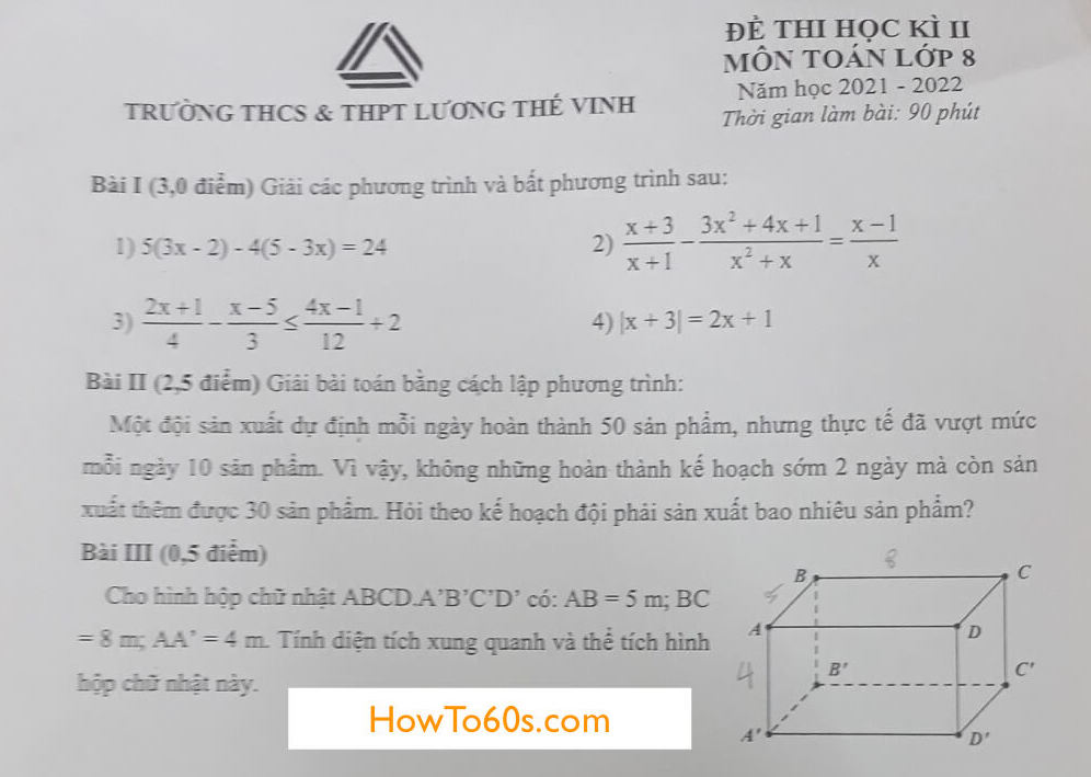 Tải đề thi học kỳ 2 Toán lớp 8