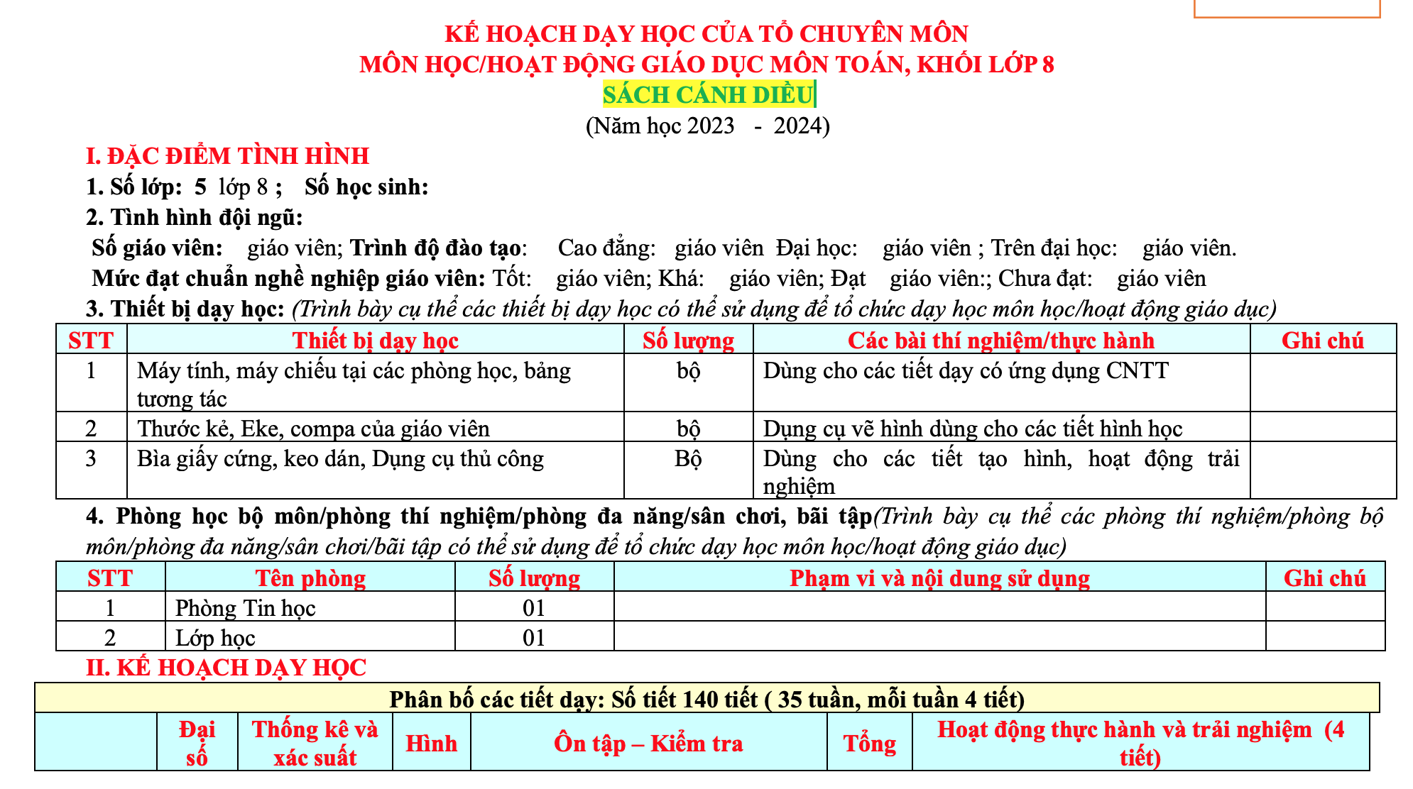 Tải Kế Hoạch Dạy Học Toán 8 sách Cánh Diều