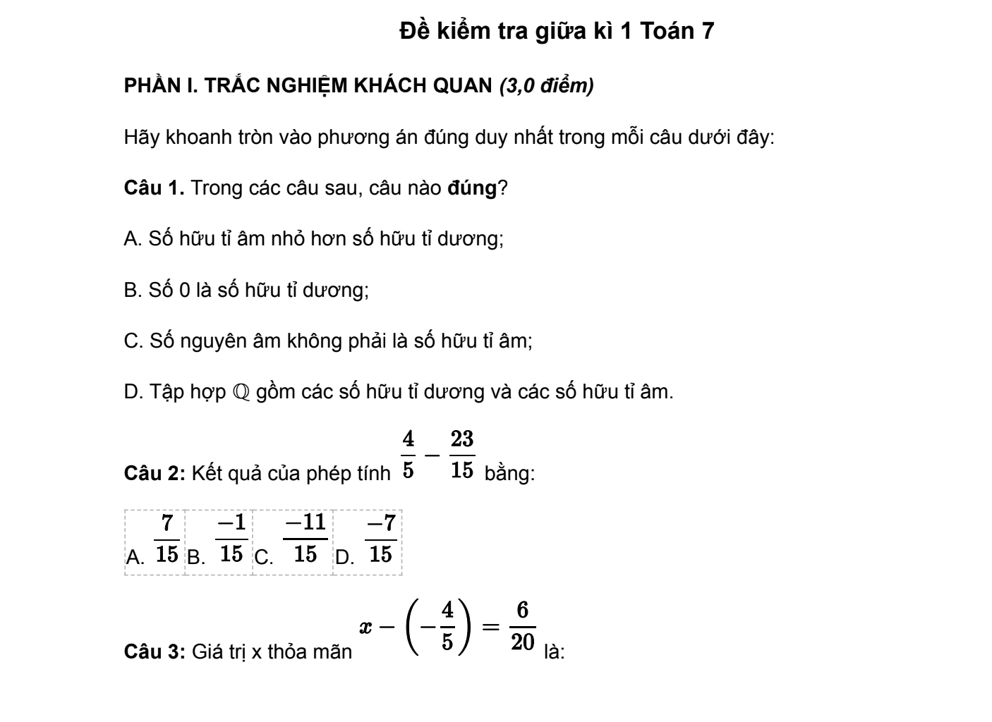 Đề kiểm tra giữa học kì 1 toán 7 sách Chân Trời Sáng Tạo CTST
