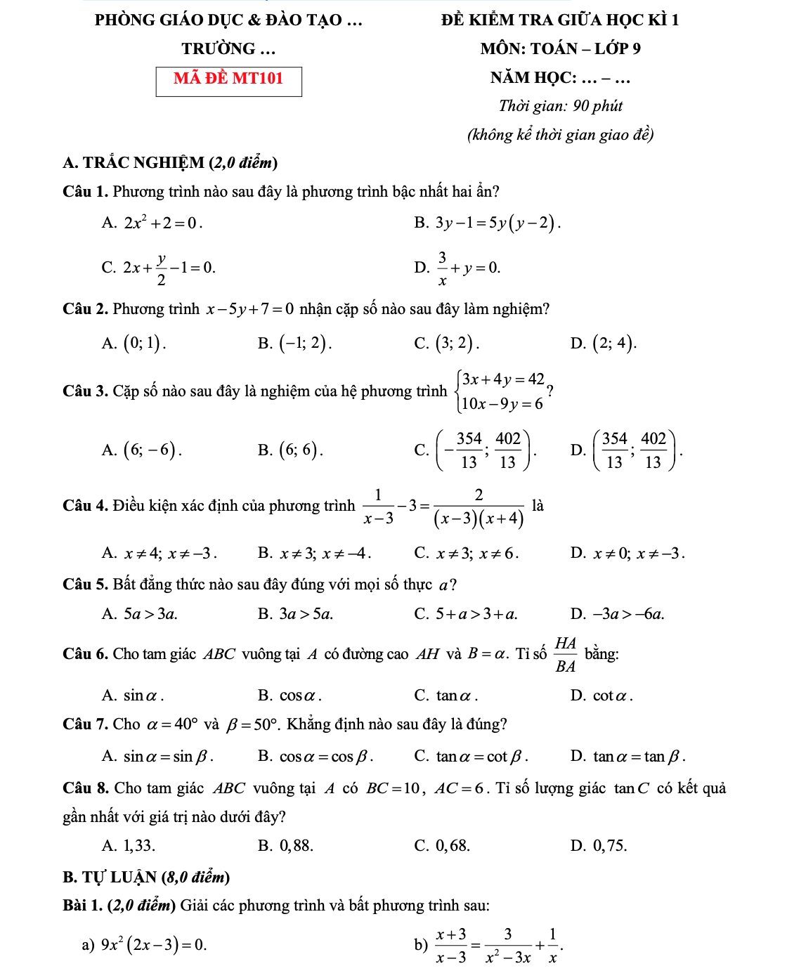 Đề kiểm tra giữa học kì 1 toán 9 sách Kết nối tri thức
