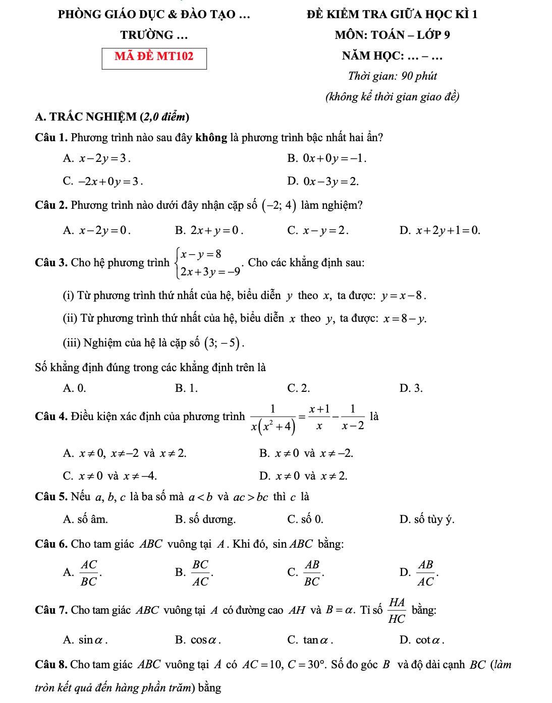 Đề kiểm tra giữa học kì 1 toán 9 sách KNTT - Đề tham khảo số 2
