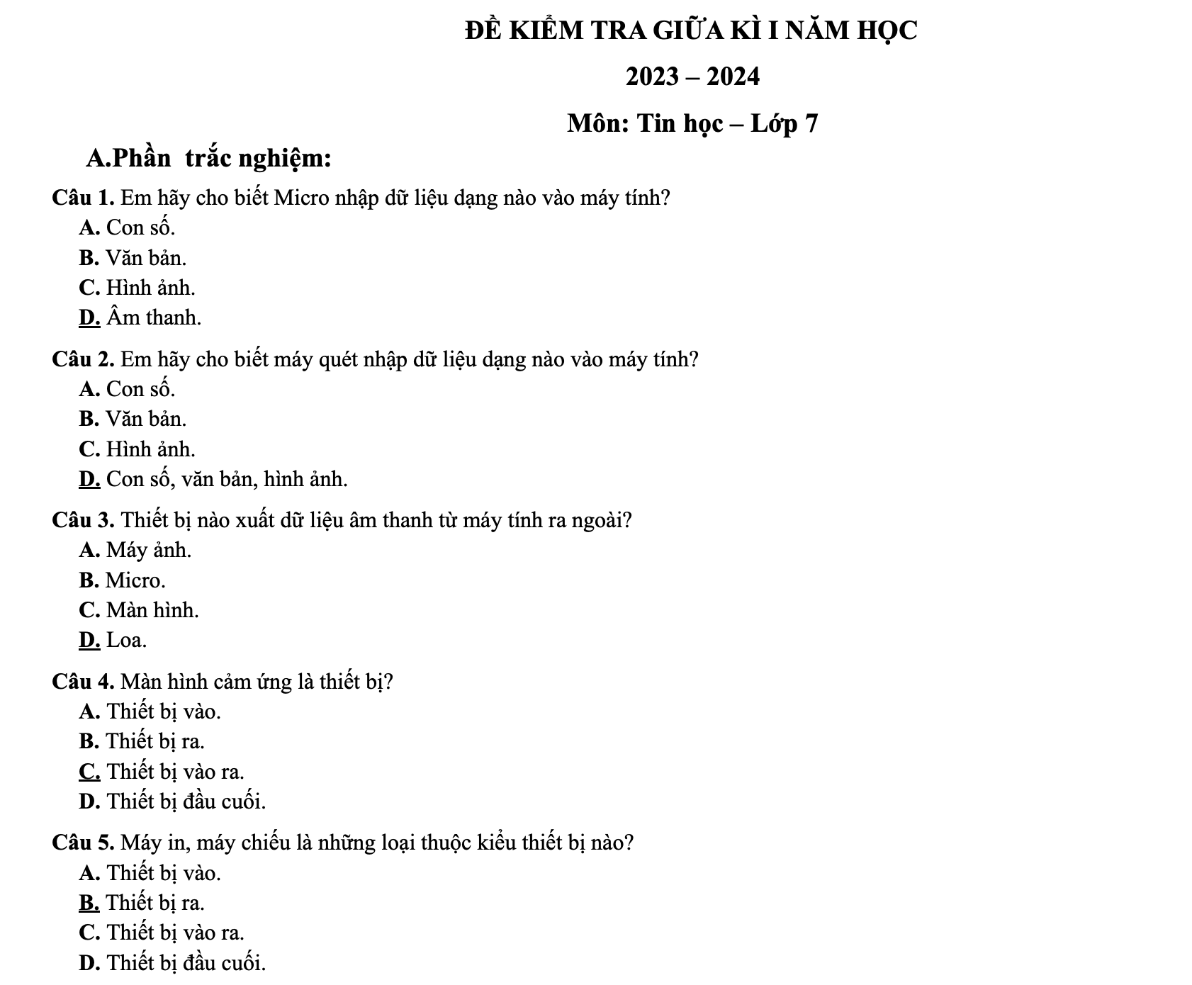 Đề kiểm tra giữa kì 1 Tin Học 7 sách Chân Trời Sáng Tạo CTST