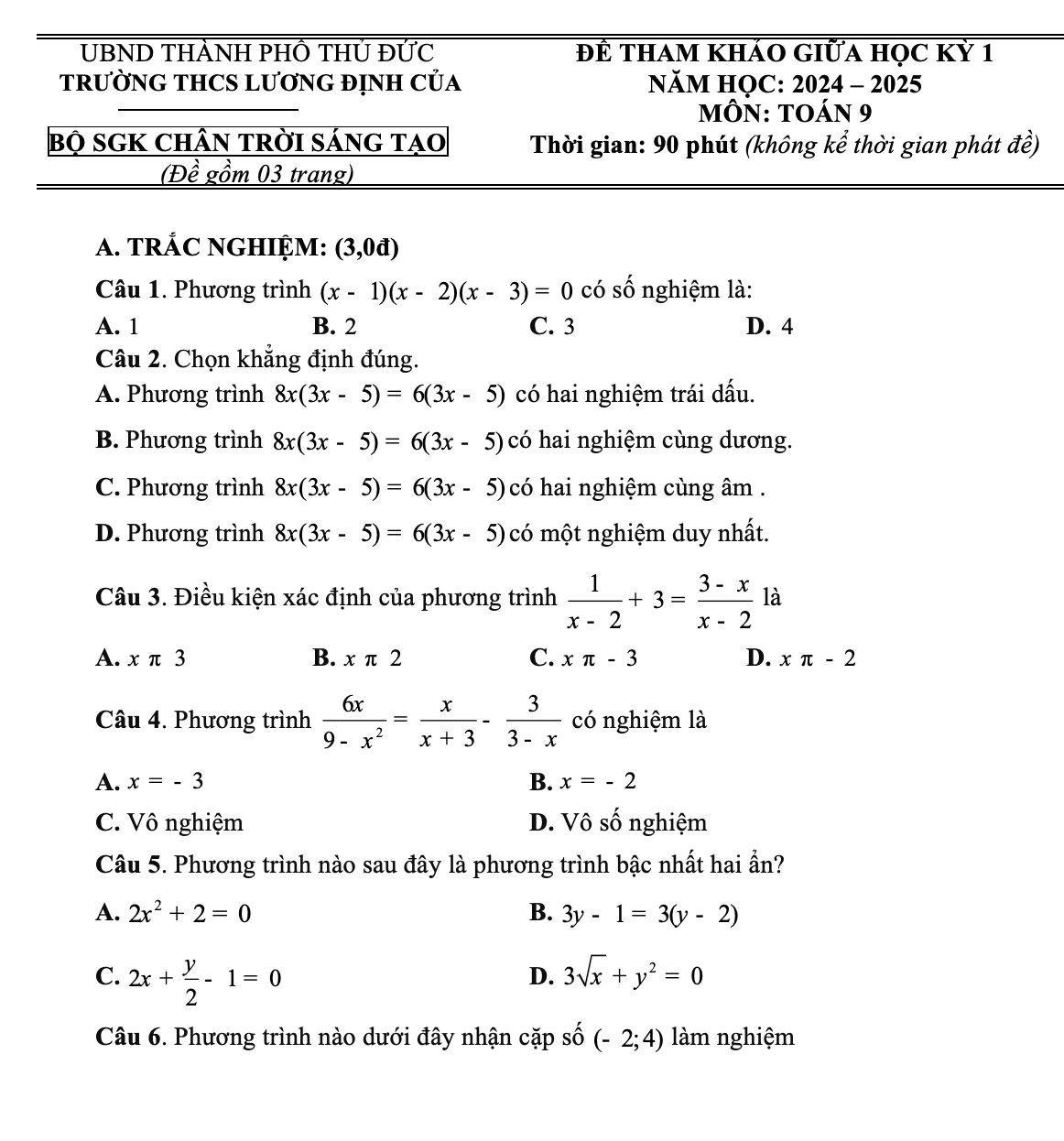 Đề tham khảo kiểm tra giữa kì 1 toán 9 THCS Lương Định Của sách CTST