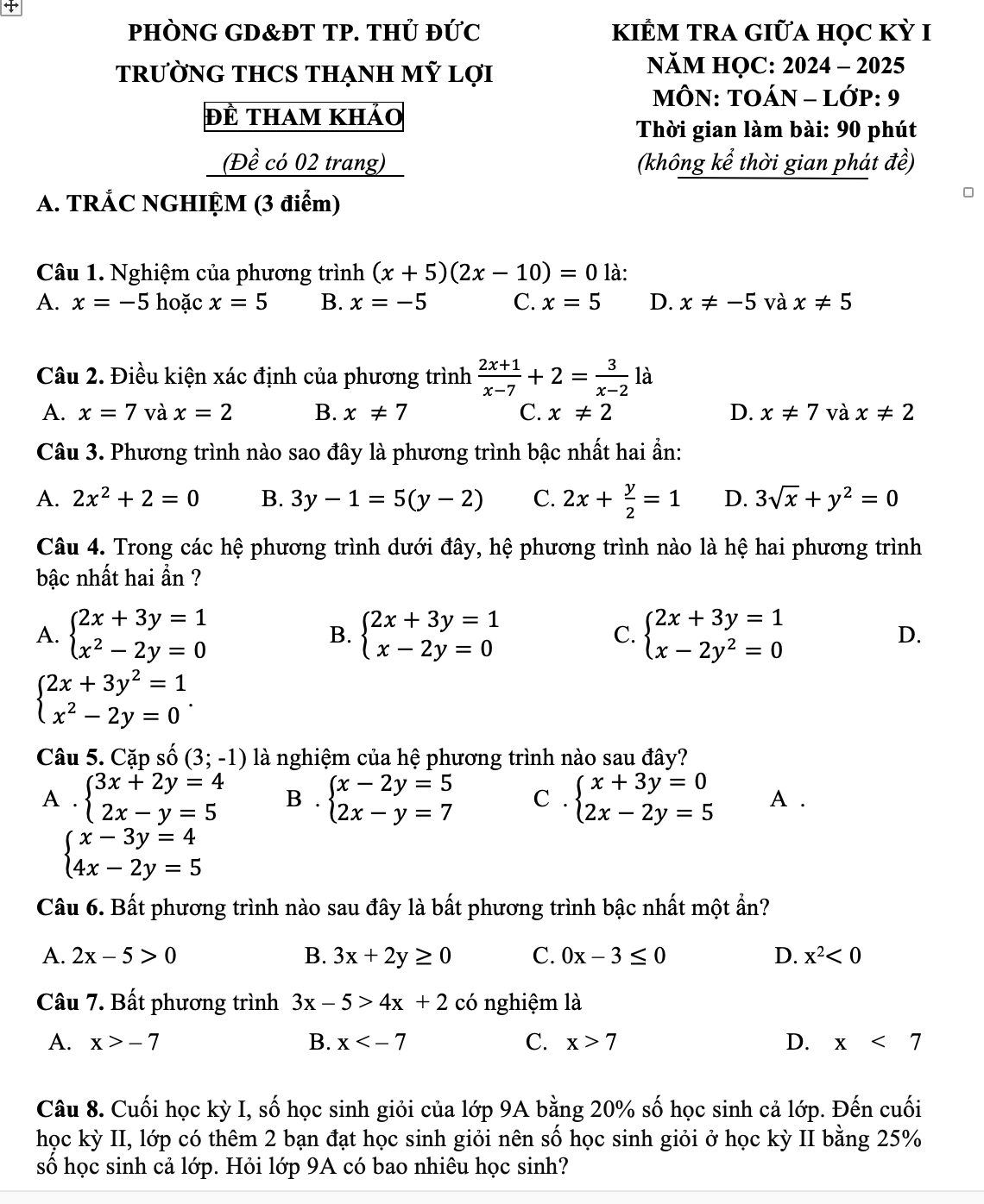 Đề tham khảo kiểm tra giữa kì 1 toán 9 THCS Thạnh Mỹ Lợi sách CTST