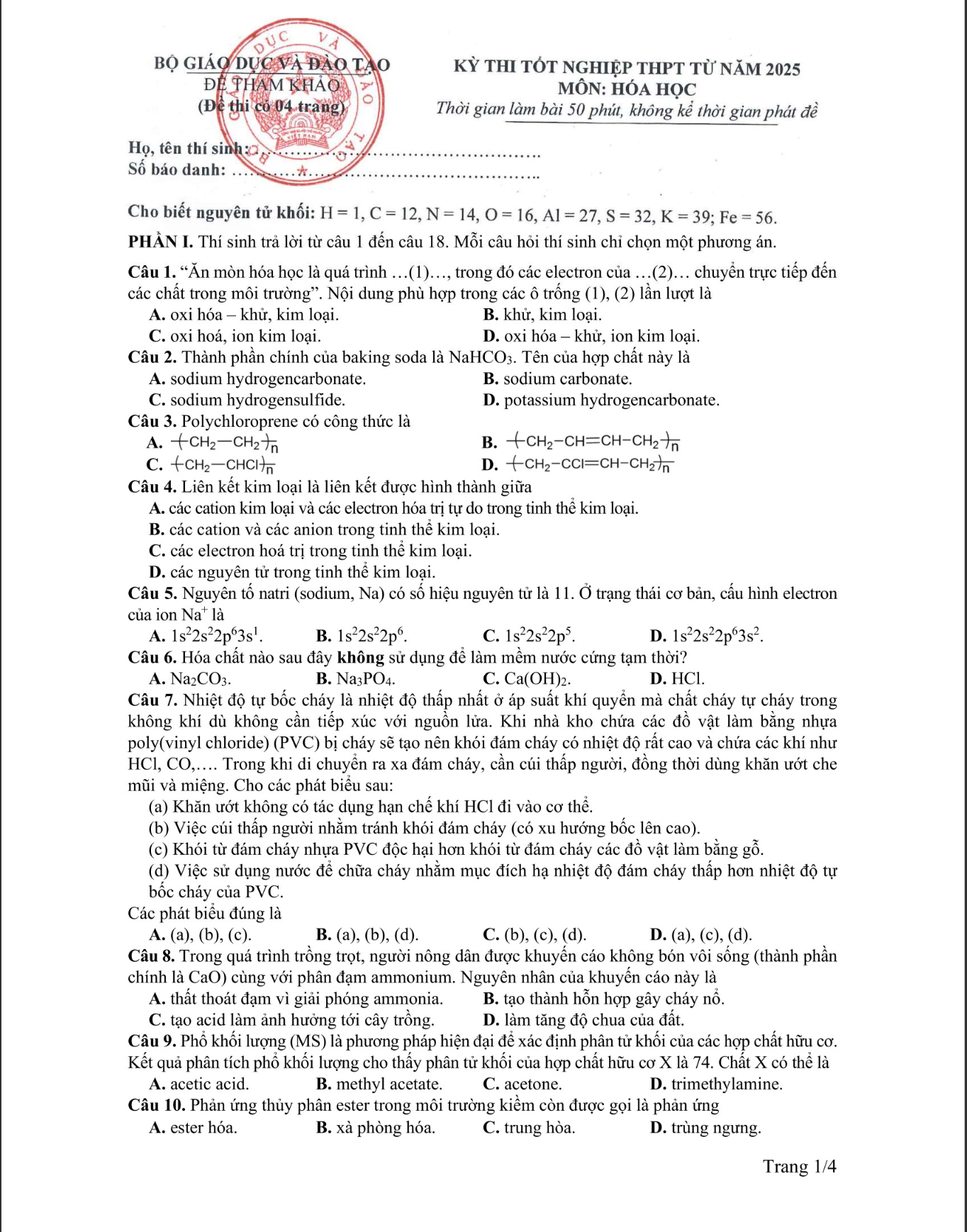 Đề tham khảo thi tốt nghiệp THPT 2024-2025 môn Hoá Học