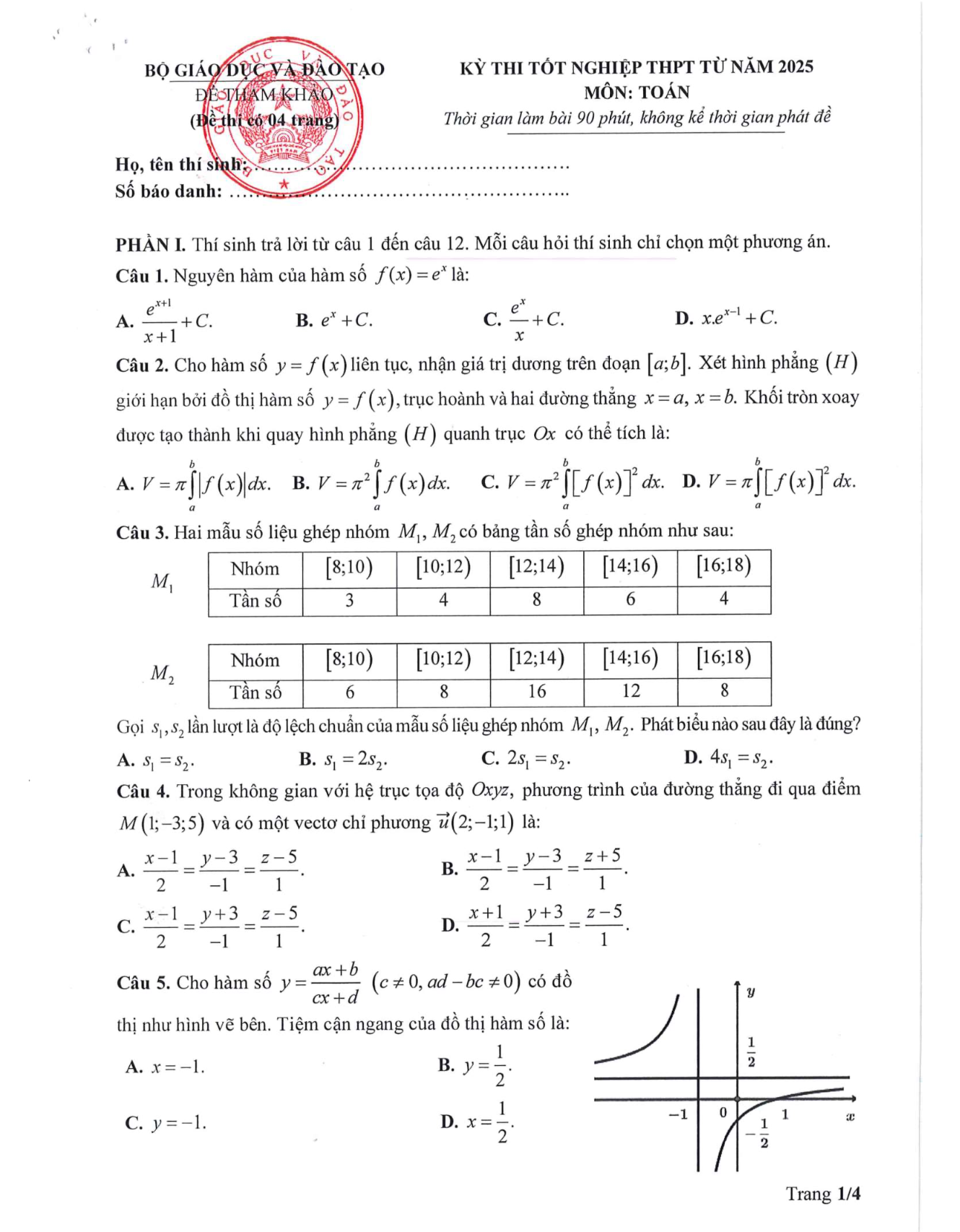 Đề tham khảo thi tốt nghiệp THPT 2024-2025 môn Toán