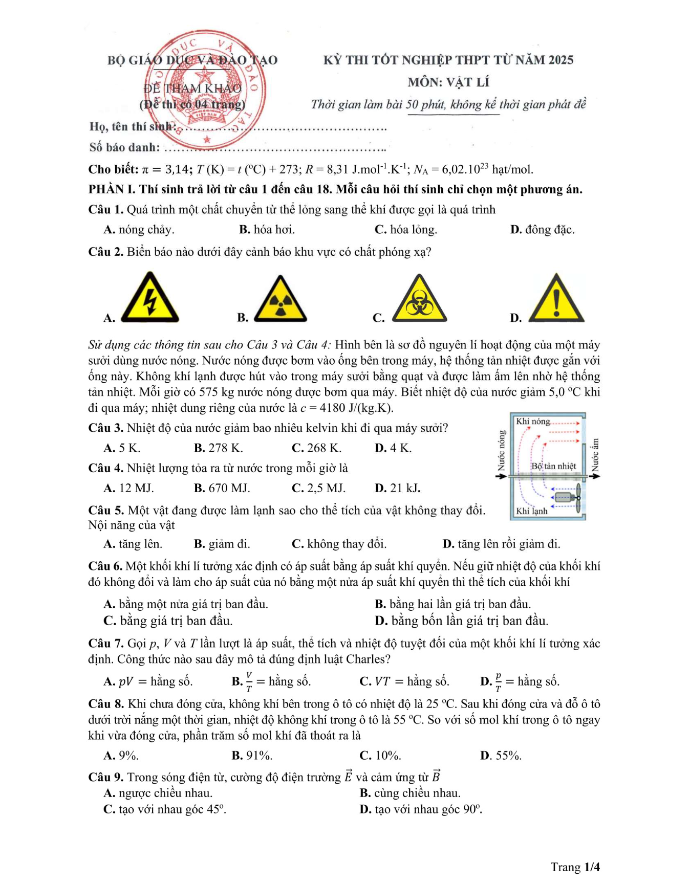 Đề tham khảo thi tốt nghiệp THPT 2024-2025 môn Vật Lý