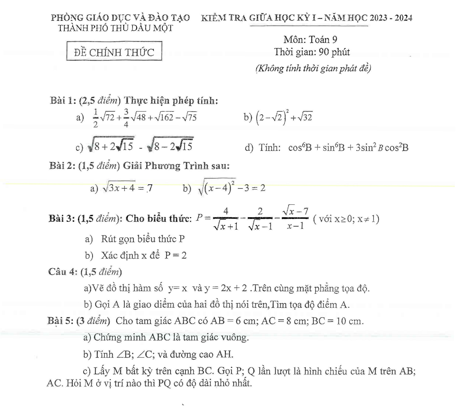 Đề thi giữa học kỳ 1 Toán 9 phòng GDĐT Thủ Dầu Một Bình Dương