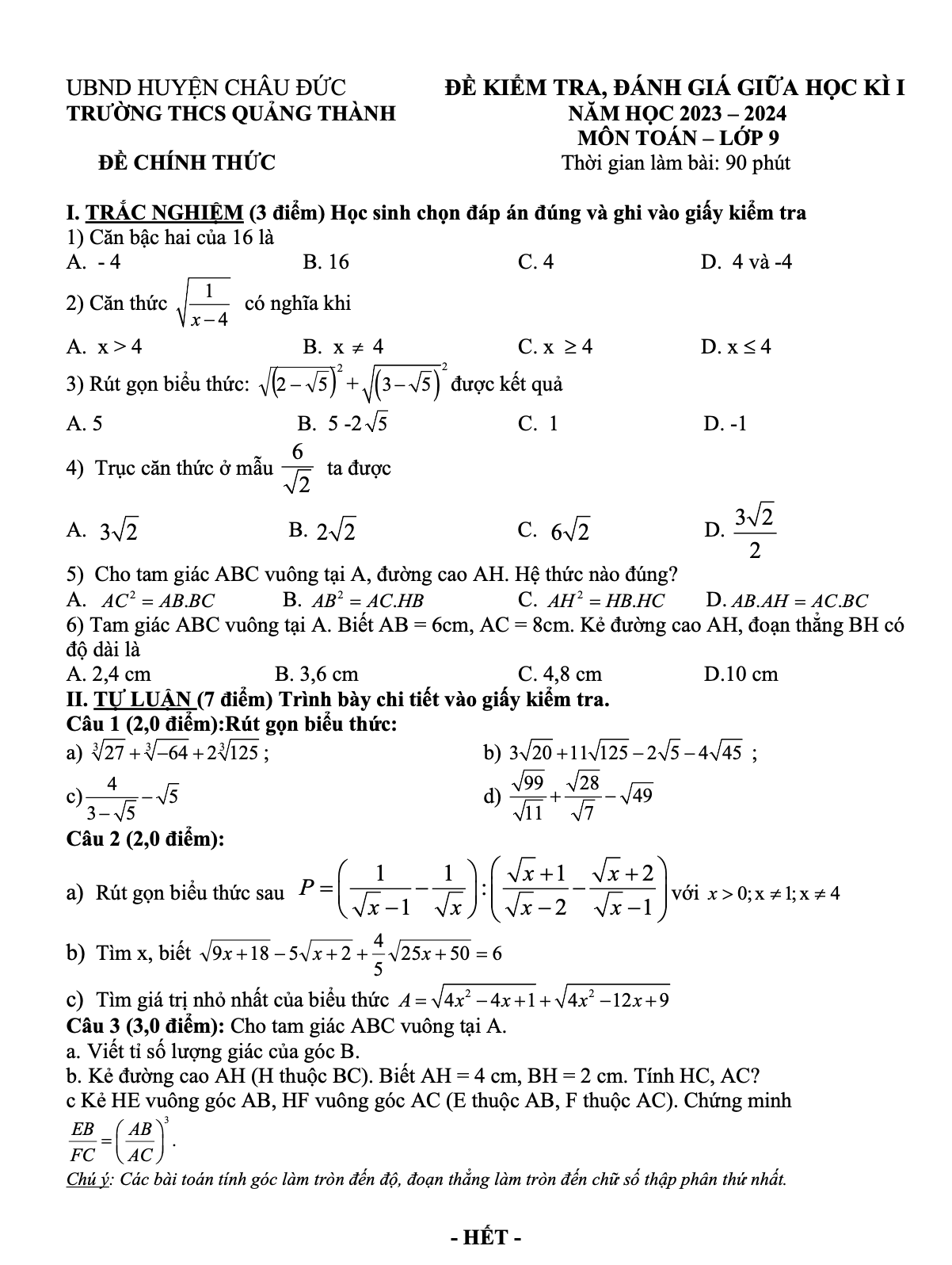 Đề thi giữa học kỳ 1 Toán 9 trường THCS Quảng Thành Bà Rịa Vũng Tàu