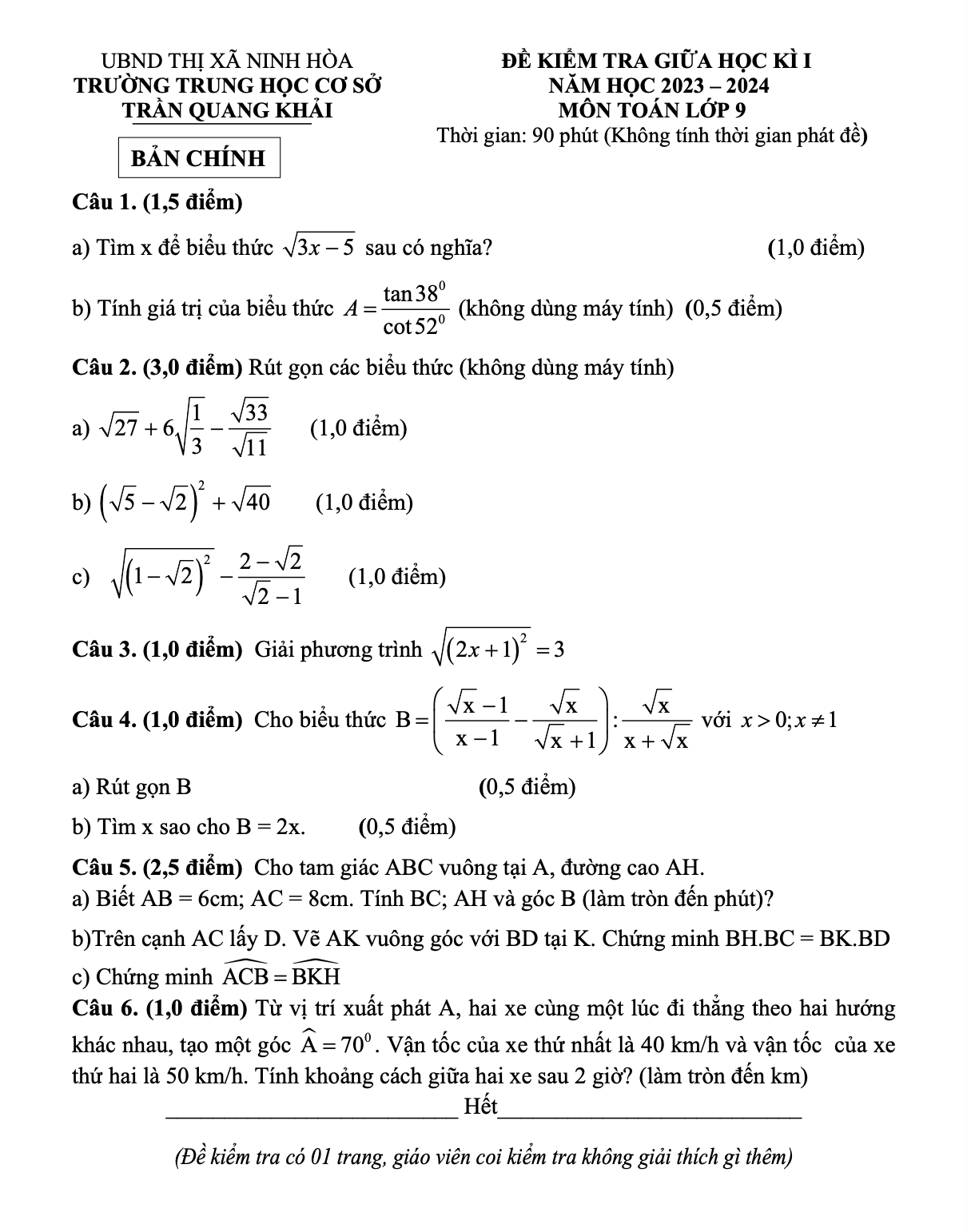 Đề thi giữa học kỳ 1 Toán 9 trường THCS Trần Quang Khải tỉnh Khánh Hoà