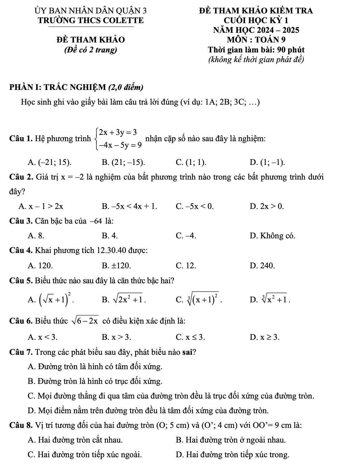 Đề tham khảo cuối kì 1 Toán 9 CTST 2024-2025 THCS Colette quận 3 HCM