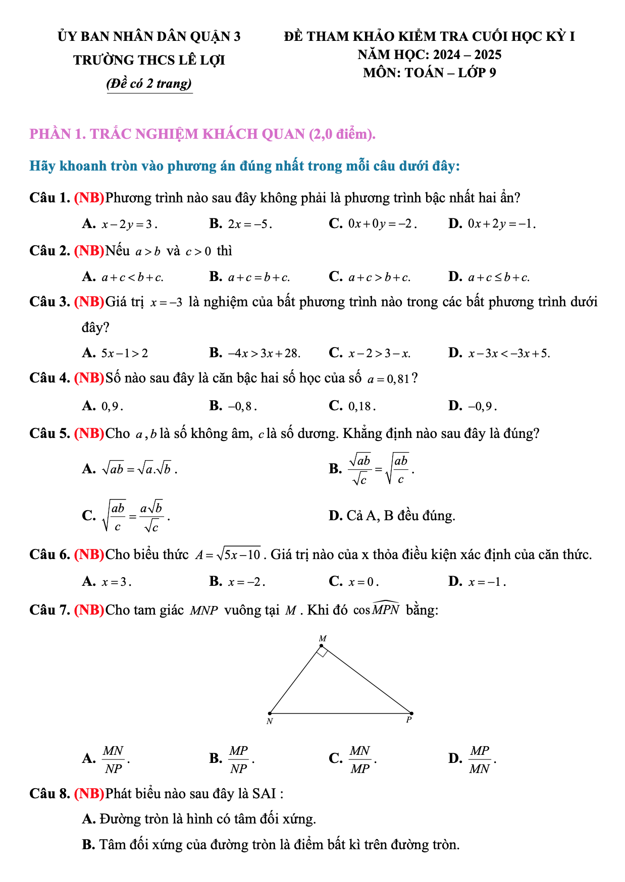 Đề tham khảo cuối kì 1 Toán 9 THCS Lê Lợi quận 3 sách CTST 2024-2025