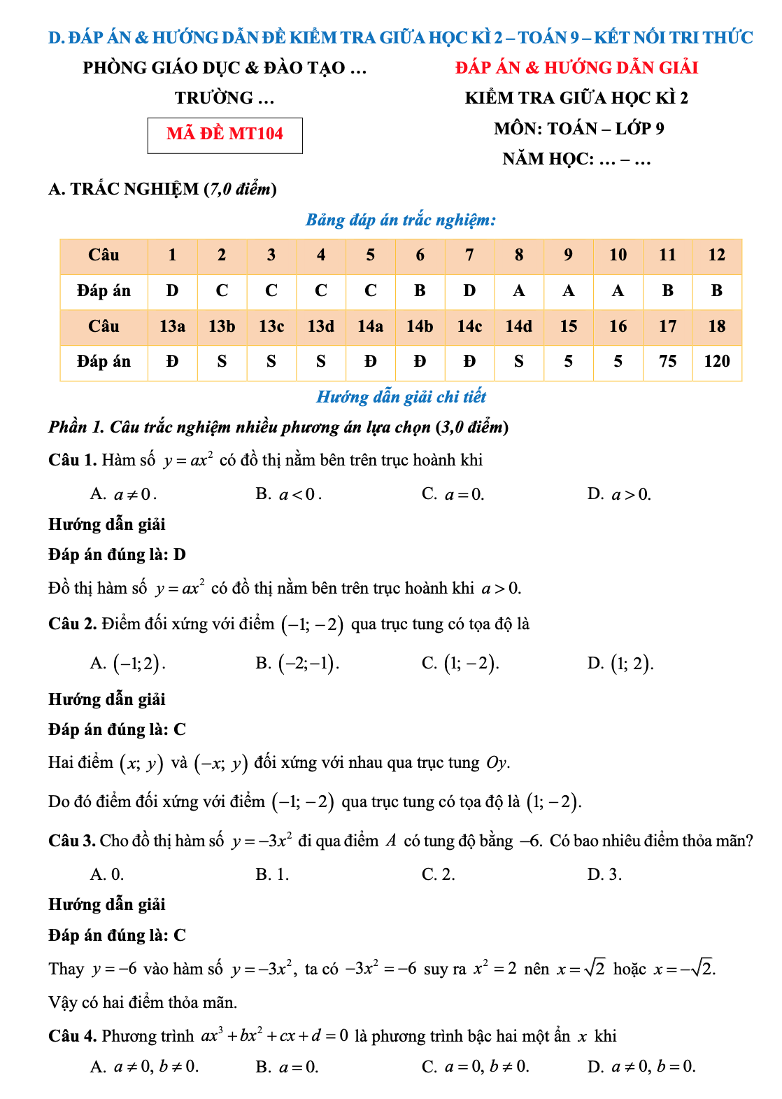 Đề số 2 thi giữa kì 2 Toán 9 sách KNTT năm 2024 - 2025