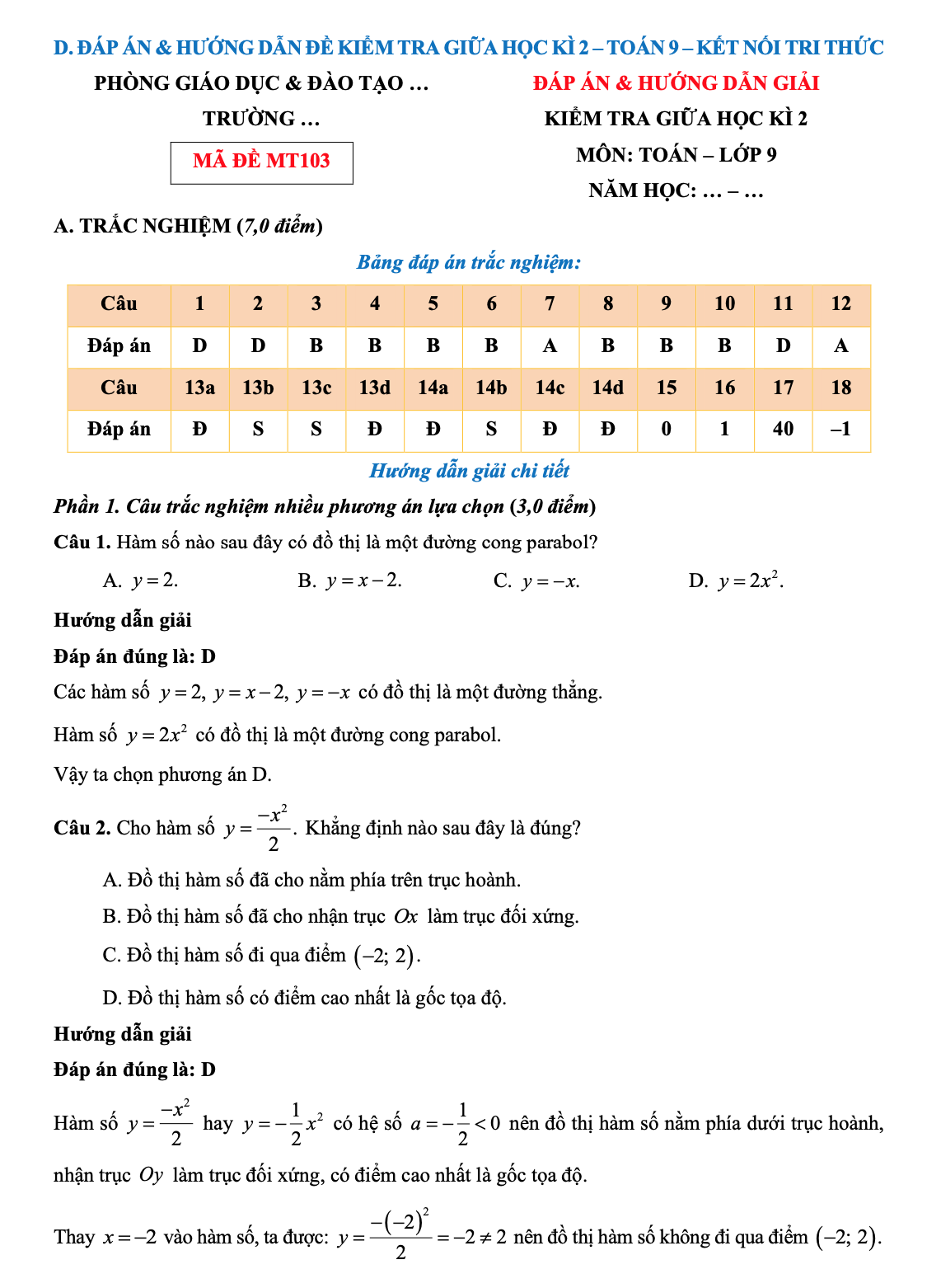 Đề số 3 kiểm tra giữa học kì 2 Toán 9 sách KNTT năm 2024 - 2025