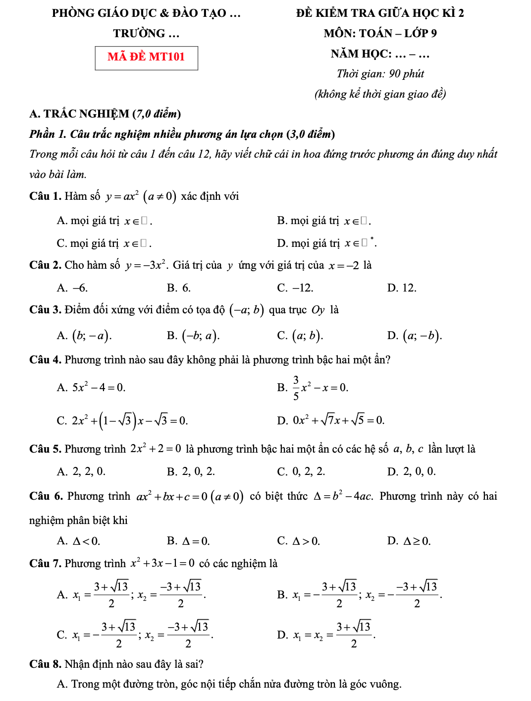 Đề tham khảo thi giữa kì 2 Toán 9 sách KNTT năm 2024 - 2025