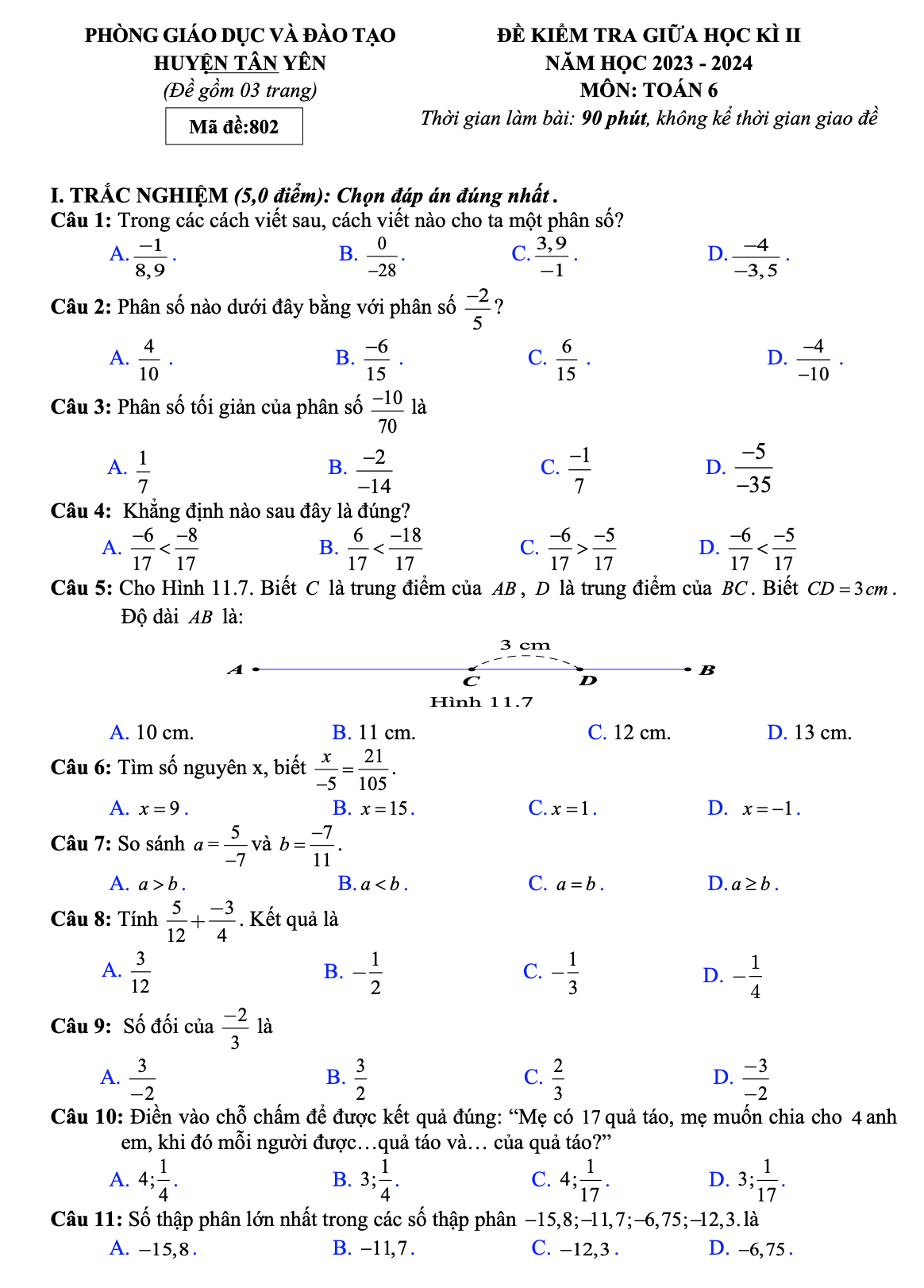 Đề thi giữa kì 2 Toán 6 phòng GD&ĐT Tân Yên - Bắc Giang năm 2023 – 2024
