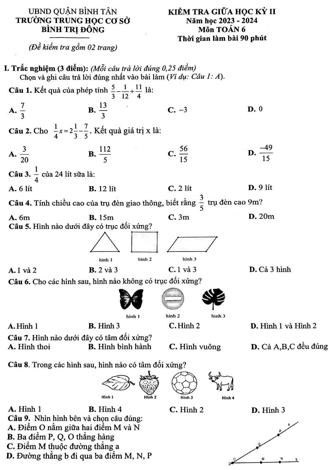 Đề thi giữa kì 2 Toán 6 trường THCS Bình Trị Đông - TP HCM năm 2023 – 2024