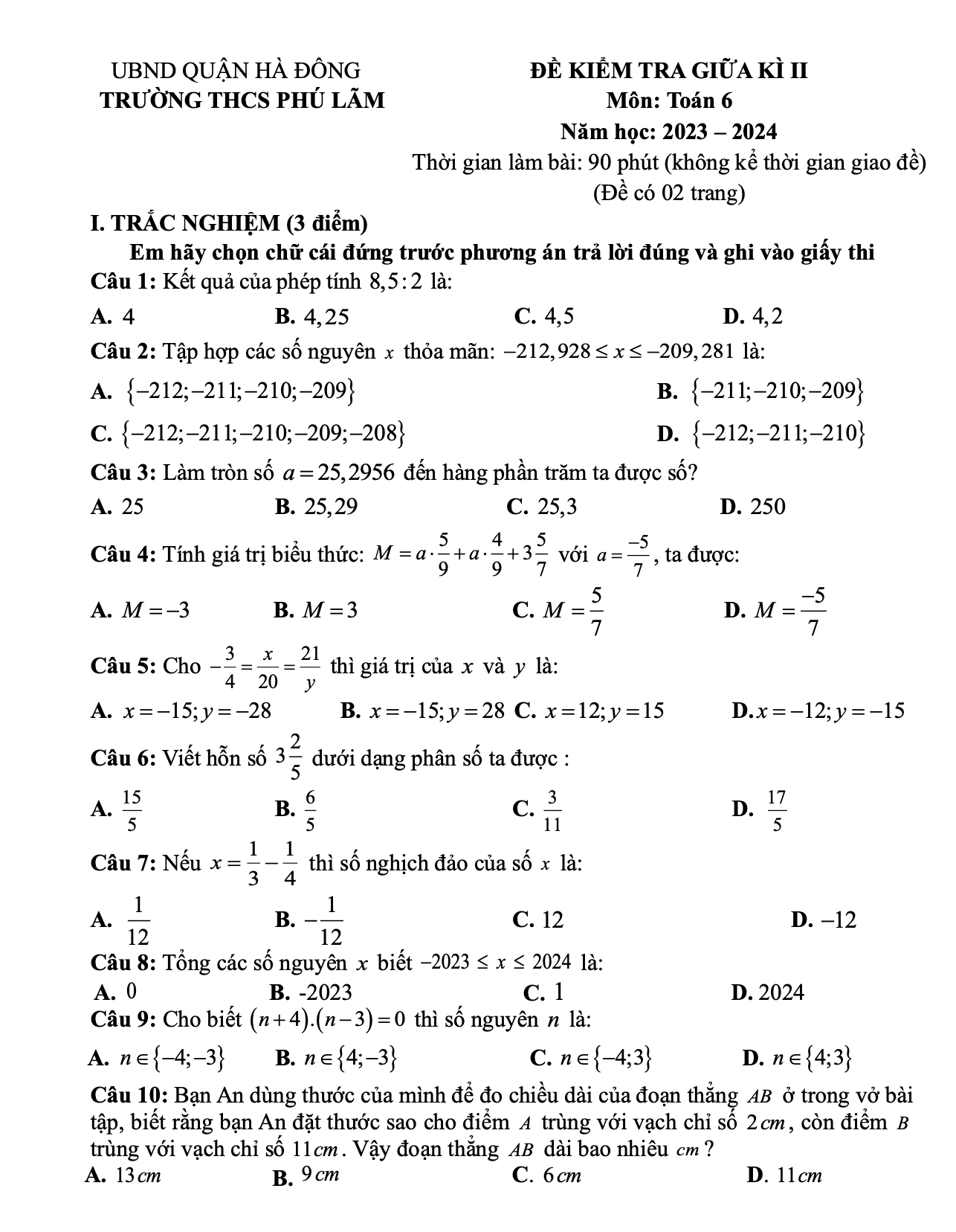 Đề thi giữa kì 2 Toán 6 trường THCS Phú Lãm - Hà Nội năm 2023 – 2024