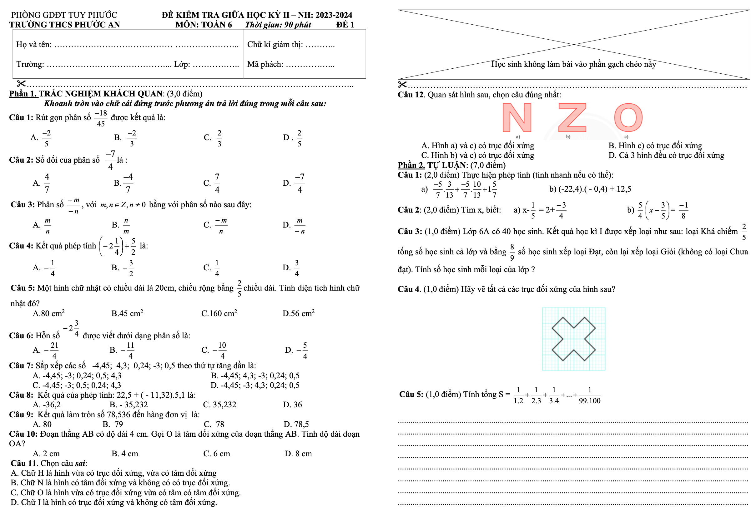 Đề thi giữa kì 2 Toán 6 trường THCS Phước An - Bình Định năm 2023 – 2024
