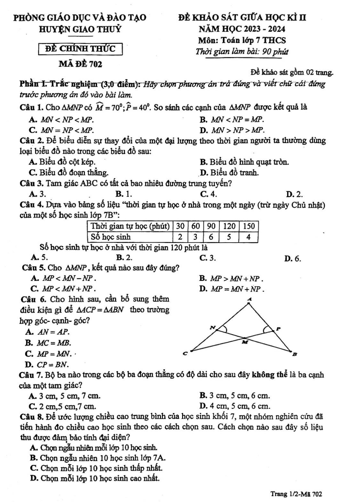 Đề thi giữa kì 2 Toán 7 năm 2023 – 2024 phòng GD&ĐT Giao Thuỷ - Nam Định