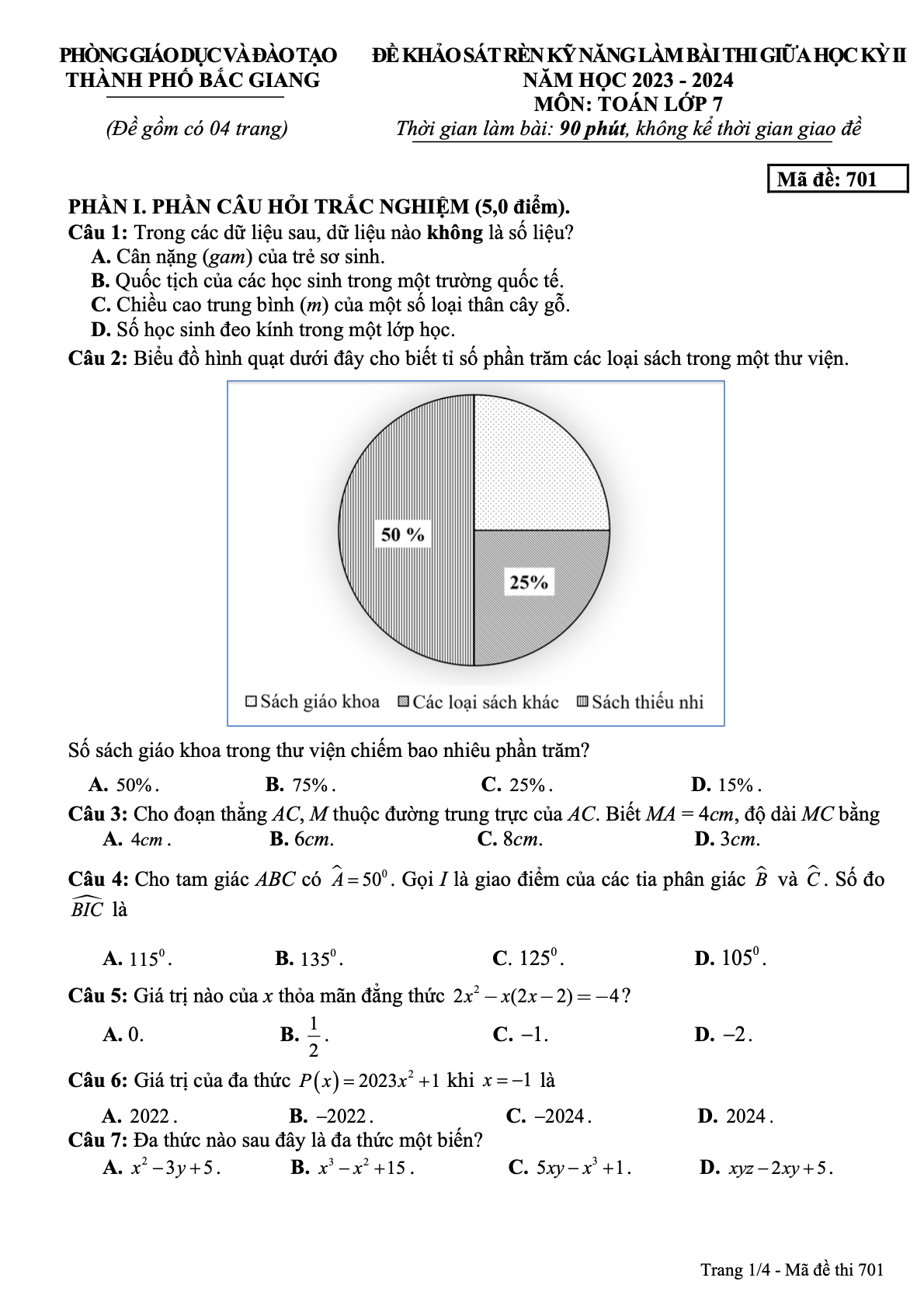 Đề thi giữa kì 2 Toán 7 phòng GD&ĐT thành phố Bắc Giang năm 2023 – 2024