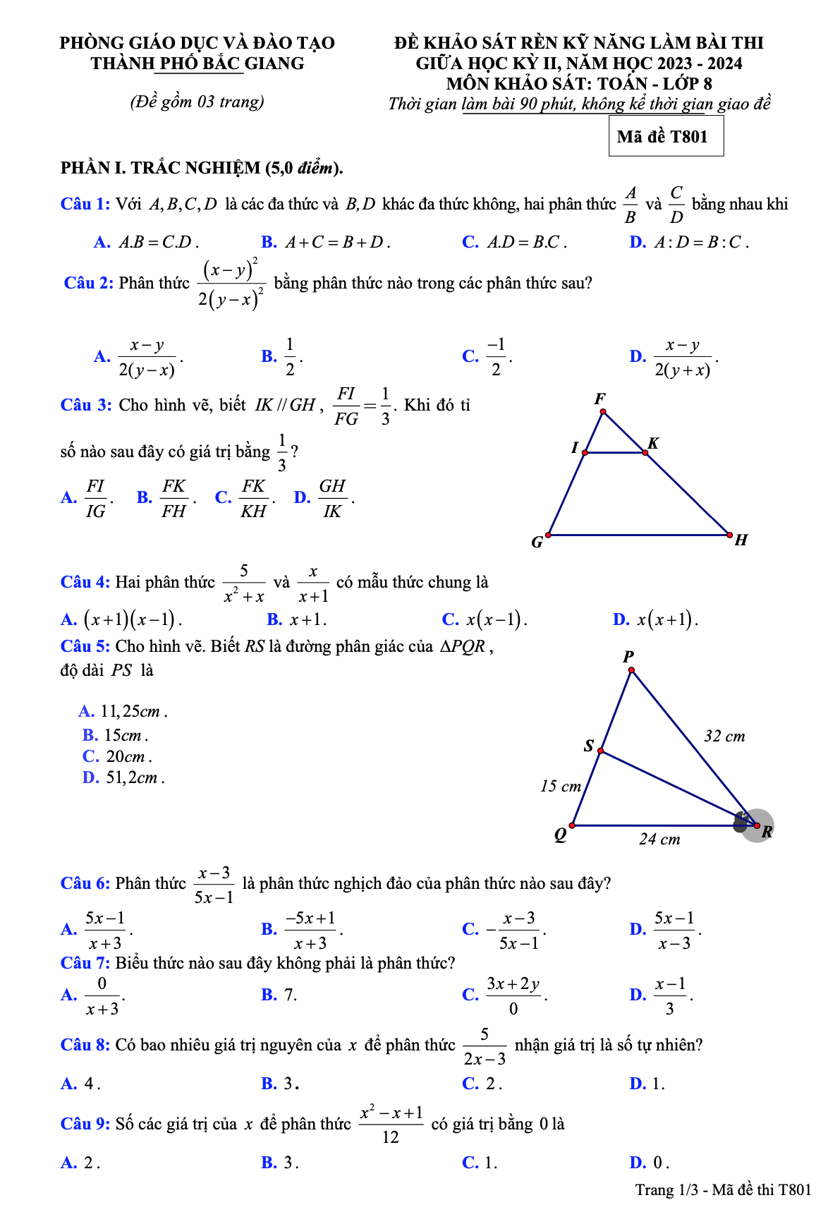 Đề thi giữa kì 2 Toán 8 năm 2023 – 2024 phòng GD&ĐT thành phố Bắc Giang