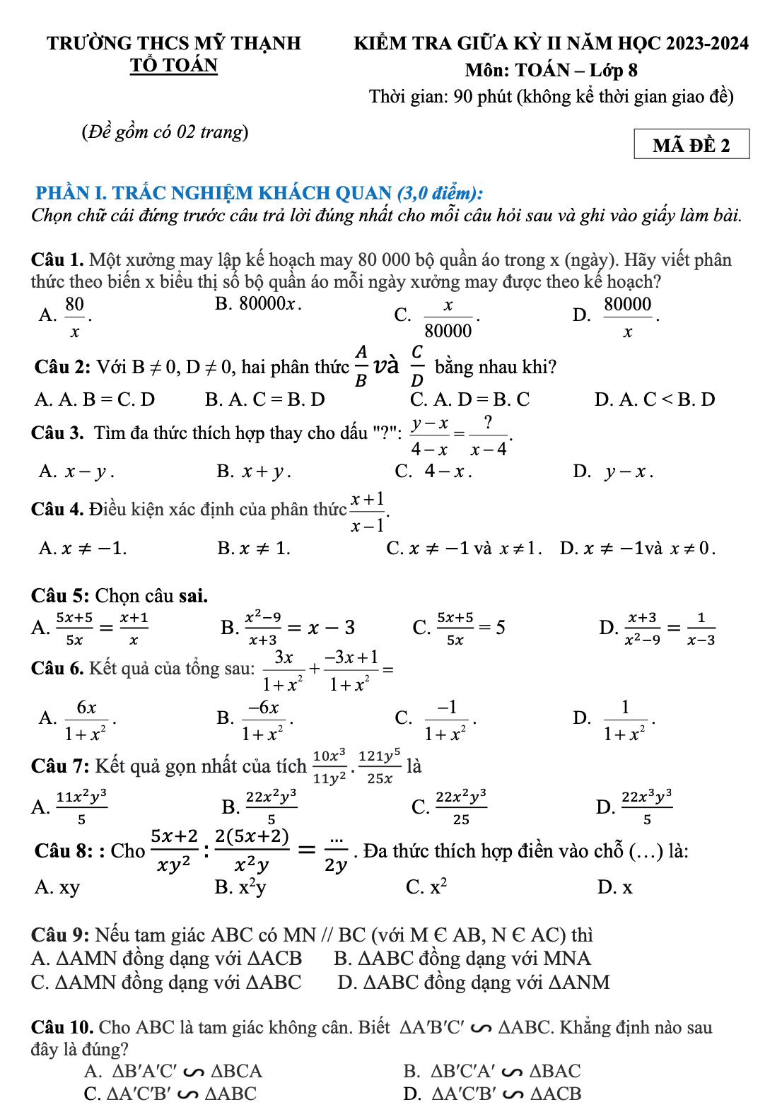 Đề thi giữa kì 2 Toán 8 năm 2023 – 2024 trường THCS Mỹ Thạnh - Bình Dương