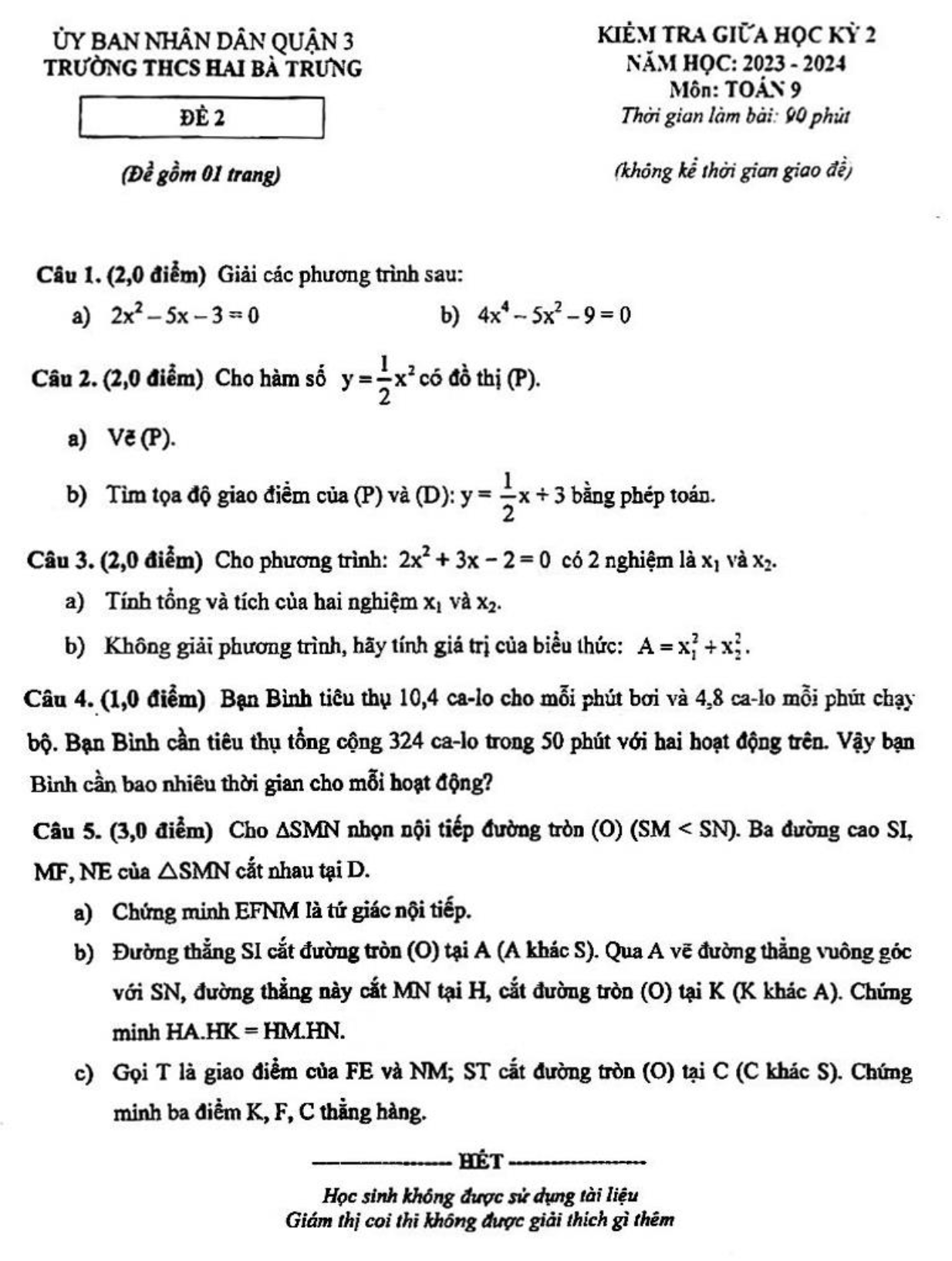 Đề thi giữa kì 2 Toán 9 năm 2023 – 2024 trường THCS Hai Bà Trưng - TP HCM
