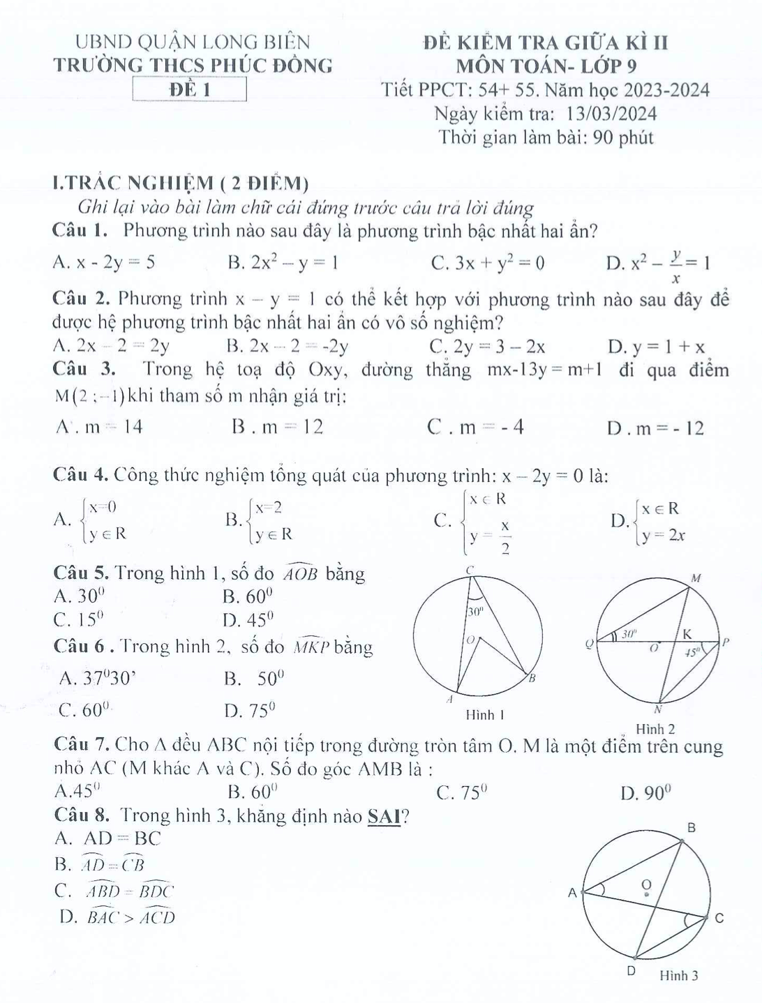 Đề thi giữa kì 2 Toán 9 năm 2023 – 2024 trường THCS Phúc Đồng - Hà Nội