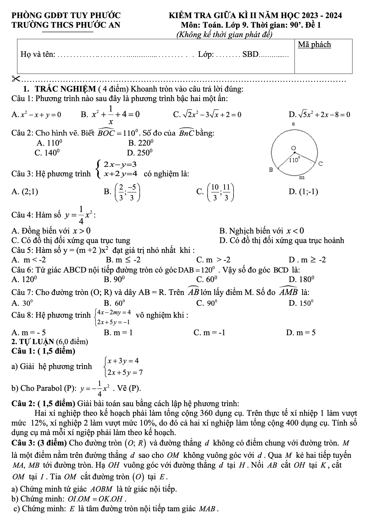 Đề thi giữa kì 2 Toán 9 năm 2023 – 2024 trường THCS Phước An - Bình Định
