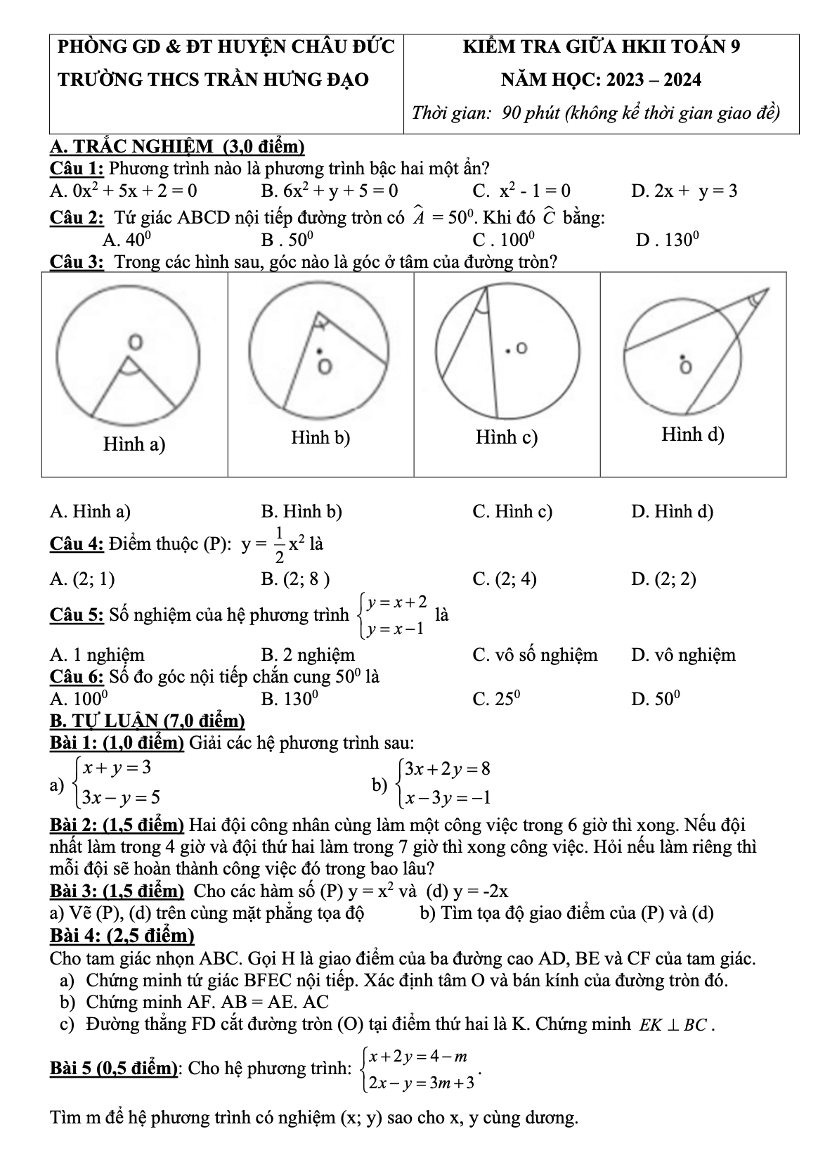 Đề thi giữa kì 2 Toán 9 năm 2023 – 2024 trường THCS Trần Hưng Đạo - BR VT