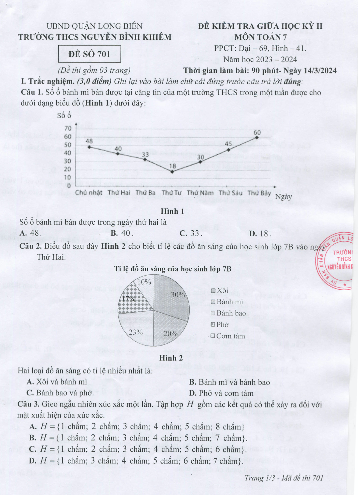 Đề thi giữa kì 2 Toán 7 trường THCS Nguyễn Bỉnh Khiêm - Hà Nội năm 2023 – 2024