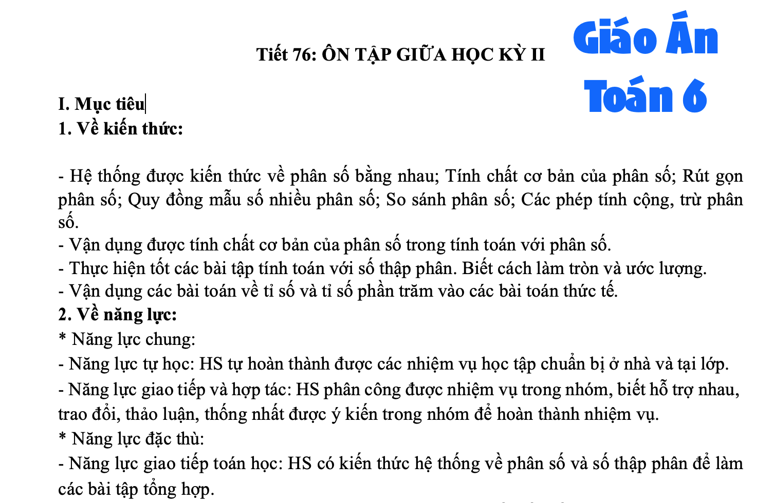 Giáo Án Toán 6 - Ôn tập giữa học kỳ 2 tiết 76 sách KNTT