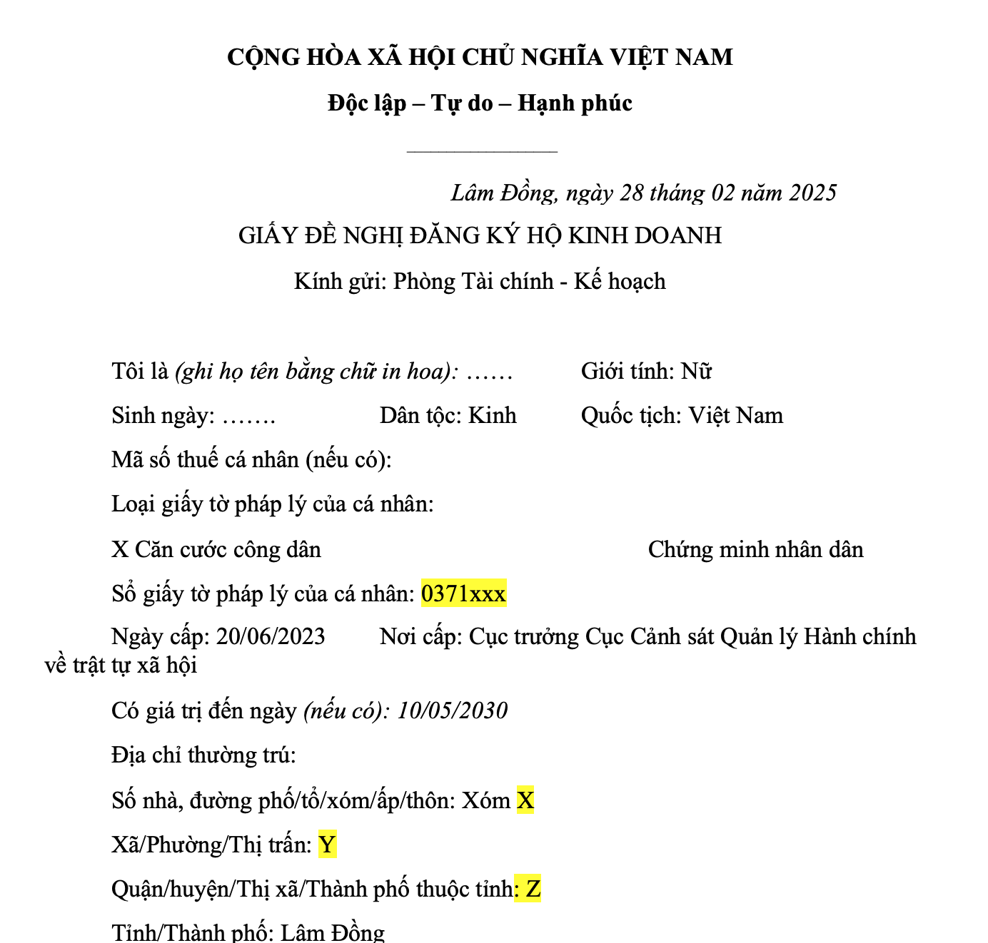 Giấy đề nghị đăng ký hộ kinh doanh