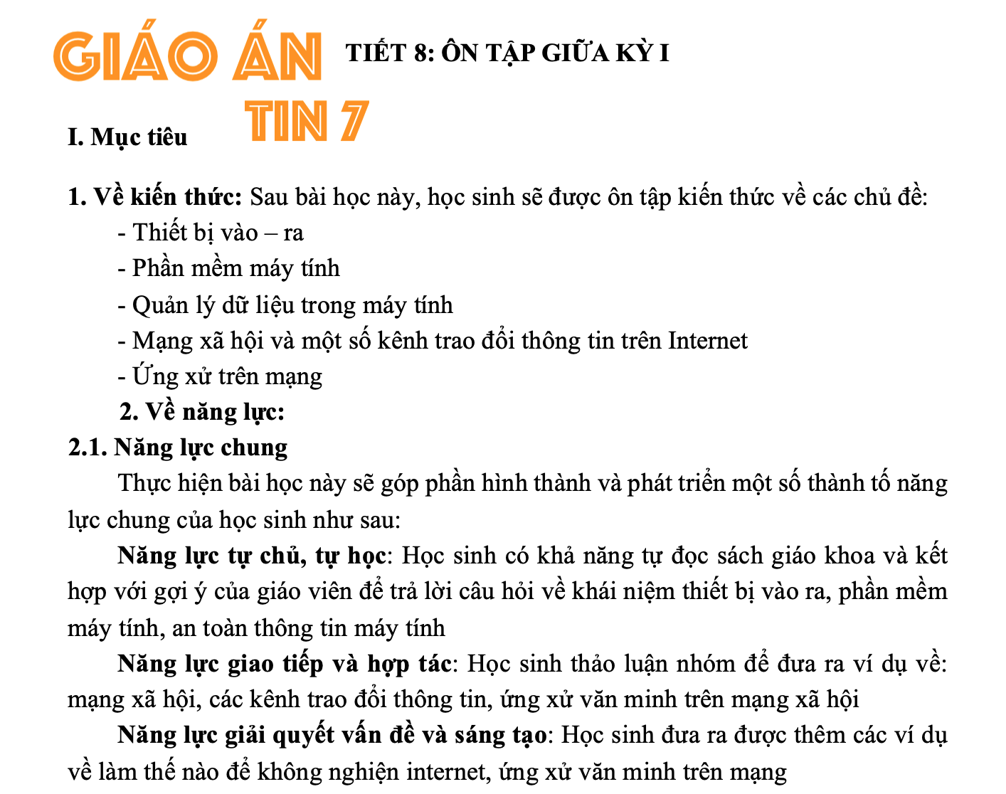 Giáo Án Tin 7 - Ôn tập giữa học kỳ 1 tiết 8 sách KNTT